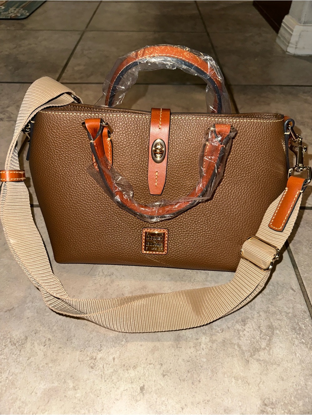 Dooney & Bourke Brown Pebbled Leather Satchel with Tan Strap Accents